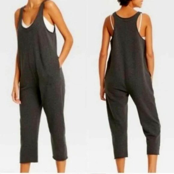 NWT Colsie Fleece Jumpsuit Romper Loungewear Grey Size XL Crop Cozy Pockets Boho - Picture 2 of 8